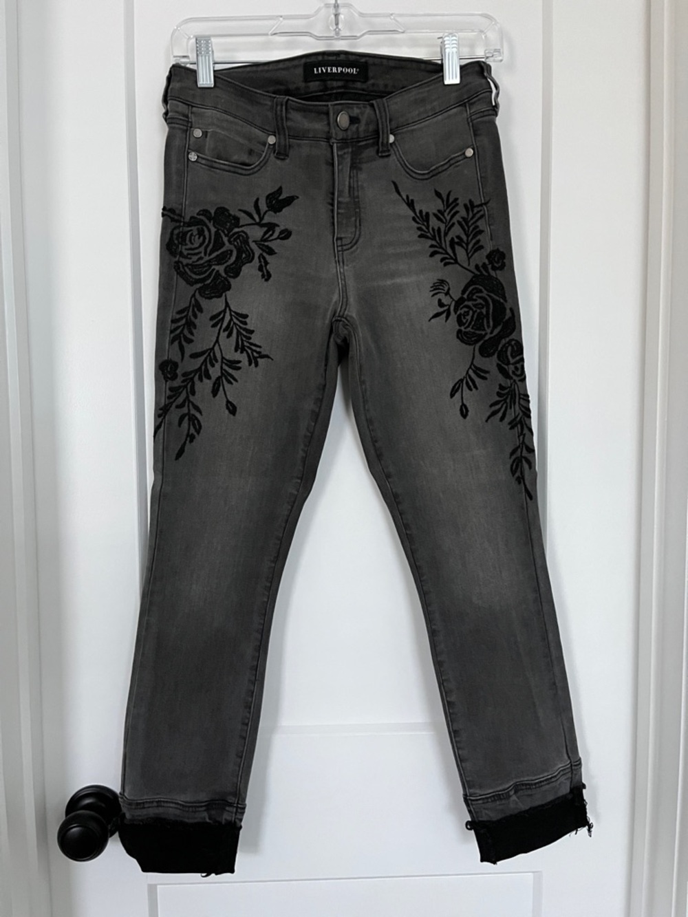 Liverpool Gray Ankle Jeans with Black Floral Velvet Embroidery
